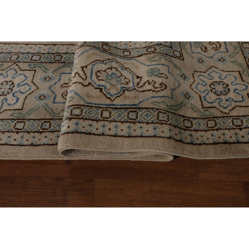 Vegetable Dye Oushak Turkish Rug Handmade Beige Floral Wool Carpet - 7'10"x 9'6"