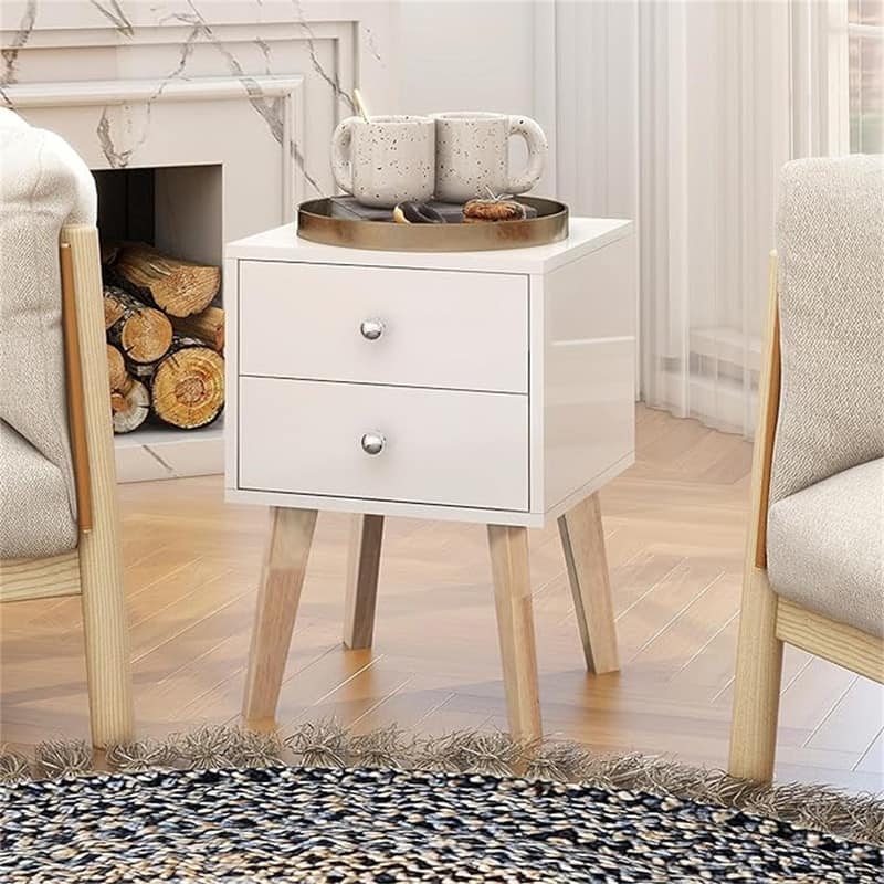 End Table with Storage 22 Inch with Drawers - Bright White