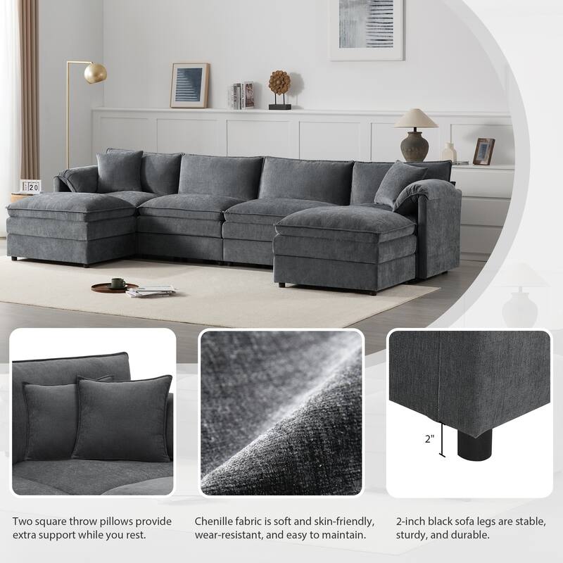 136" Chenille Modular Sectional Sofa, U Shaped, 6 Seat with Movable Ottomans, Dark Gray