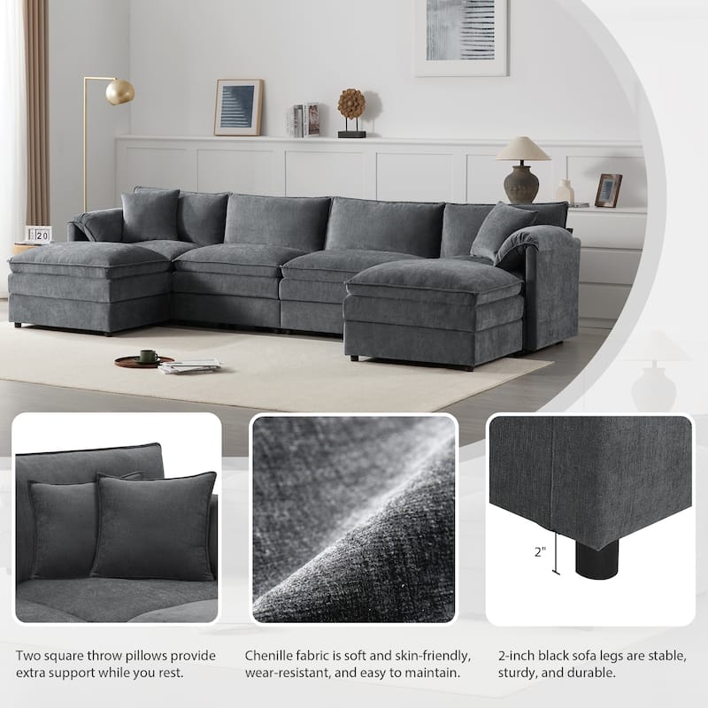 Roomfitters 136" Chenille Sectional Sofa, U Shaped Cloud Couch with Deep Wide Seat, 6 Seat Sofa with Ottoman