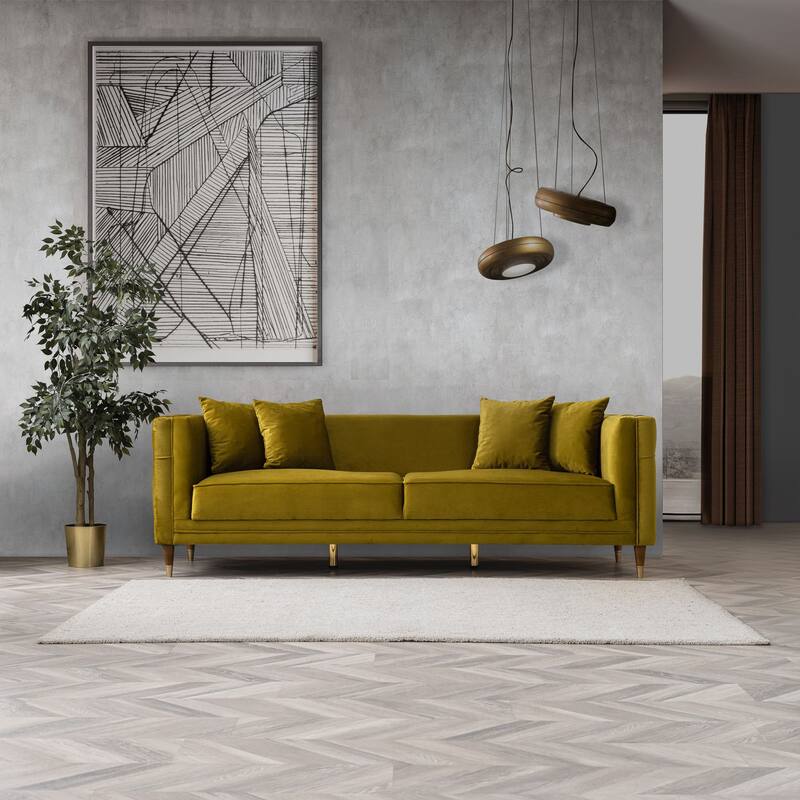 Macey Mid-Century Modern Rectangular Pillow Back Velvet Sofa - Yellow