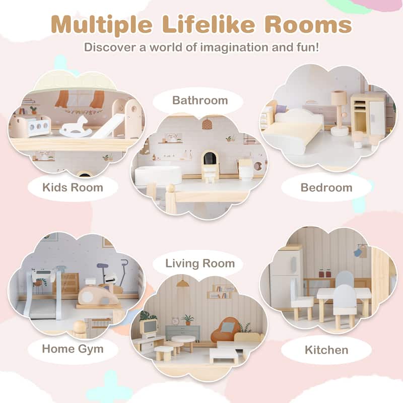 33 Pieces Kids Wooden Dollhouse with Furniture Multi-Room Design and Safe Pinewood Frame - 25" x 10" x 31"