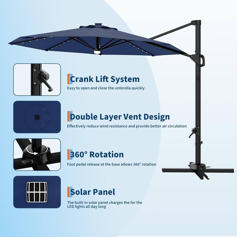 10FT Cantilever Patio Umbrella with Solar Lights, 360° Rotation Offset Umbrella