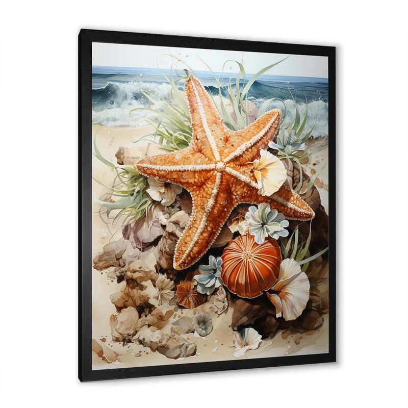 Designart "Orange And Blue Starfish Sands II" Coastal Tropical Wall Decor Orange Coastal Entryway Framed Wall Art Print
