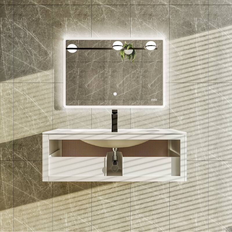 Eviva Nets 39"W Natural Oak Bath Vanity with WH Solid Surface Top