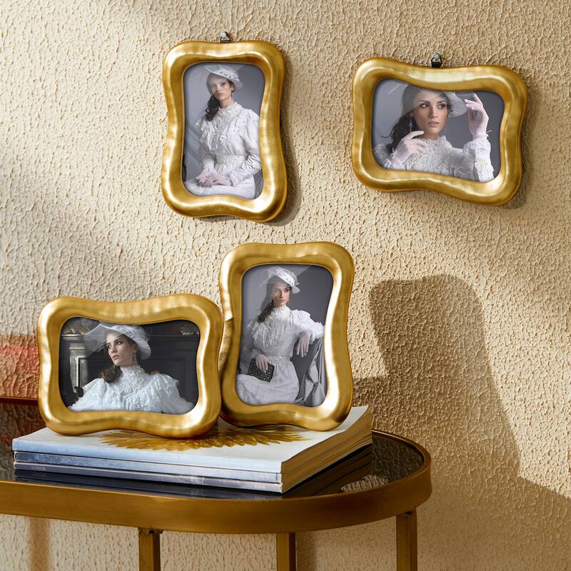 Glitzhome Set of 4 4x6 Vintage Gold Resin Wall or Tabletop Photo Picture Frames