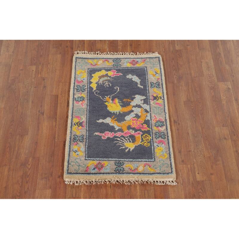 Hand Knotted Oriental 100% Wool Carpet Traditional Geometric Navy Blue & Blues Art Deco Area Rug - 3' 0'' X 2' 0''