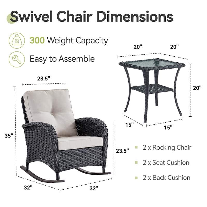Pocassy 3-Piece Outdoor Rocking Chairs with Side Table Patio Rocker Chairs Bistro Set
