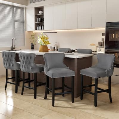 Button Tufted Velvet Wing Back Barstools Set of 6
