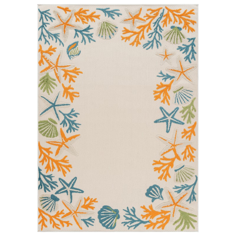 World Rug Gallery Indoor/Outdoor High-Low Textured Area Rug, Coastal Border Easy-Clean Patio Rug