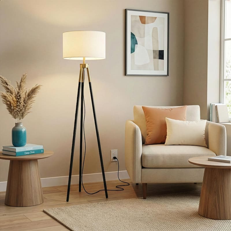 Monax Tripod Floor Lamp with White Fabric Shade - Gold, Black