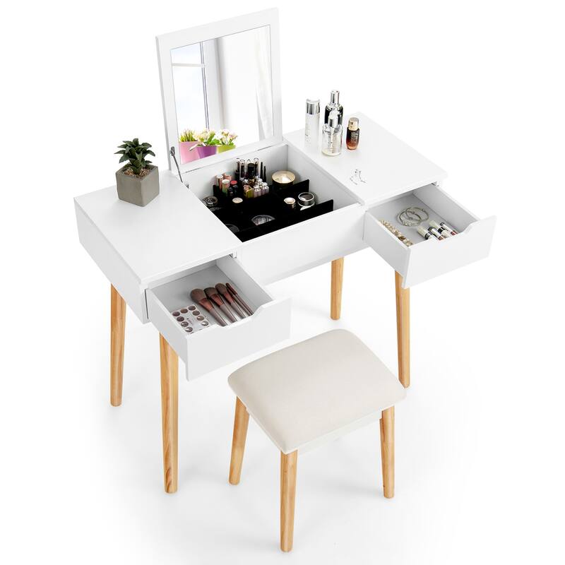 Costway Vanity Table Set w/ Flip Top Mirror Drawers 9 Dividers Makeup