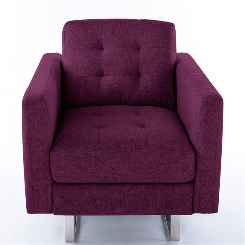 Linen Fabric Armchair with Metal Legs, Side Pockets, and Pillow