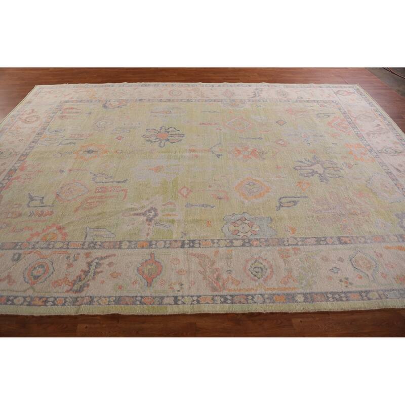 Hand Knotted Oriental 100% Wool Carpet Transitional All-Over Green Oushak Area Rug - 12' 5'' X 8' 10''