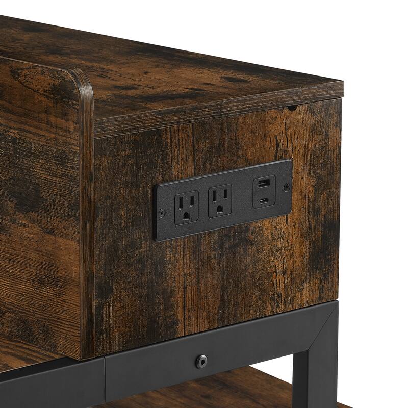 Counter Height Bar Table Set with Power Socket & LED Light, Farmhouse 4-Piece Dining Table Set with 3 Saddle Stools