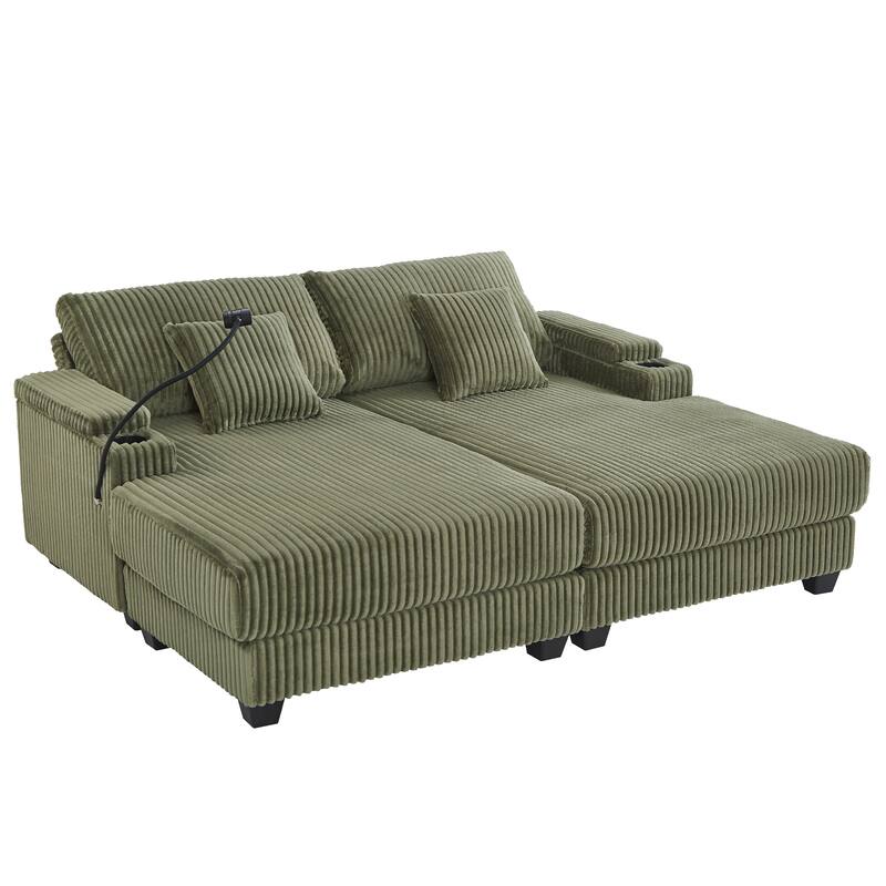 Roomfitters 75 Inch Modern Chaise Lounge Sofa with Adjustable Backrest and Cup Holders, Corduroy