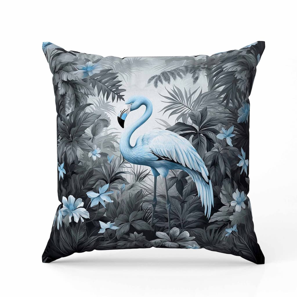 Tropical Flamingo Haven Indoor/Outdoor Reversible Throw Pillow Grey and Blue
