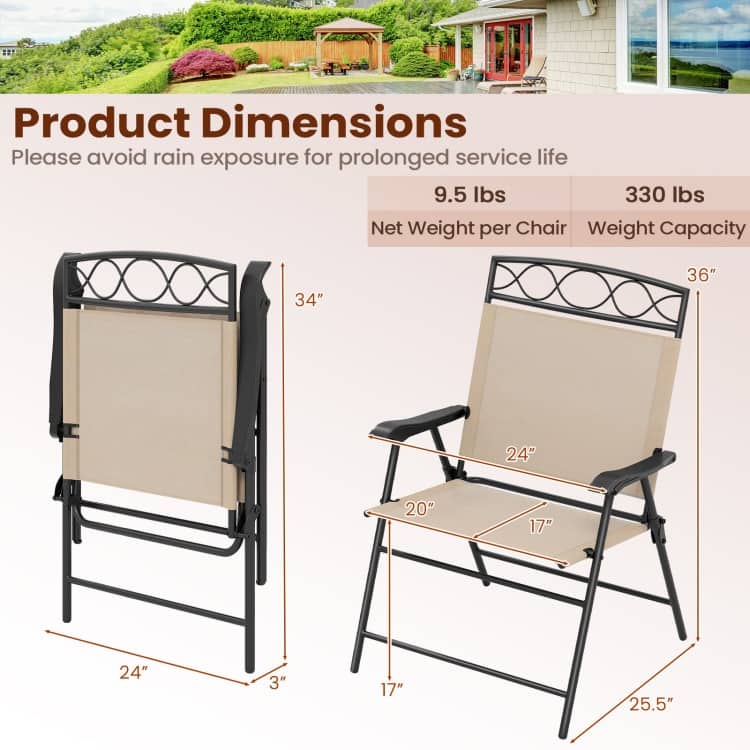 Folding Patio Folding Chairs Set of 4 with Metal Frame and Ergonomic Design - 25.5" x 24" x 36" (L x W x H)