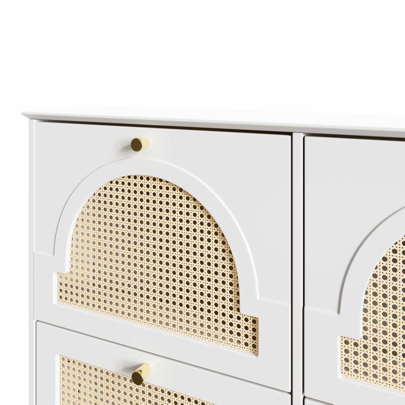 Mid-Century Narrow Design Tipping Bucket Shoe Cabinet with 4 Flip Drawers, Elegant Entryway Shoe Organizer with 4 Rattan Doors