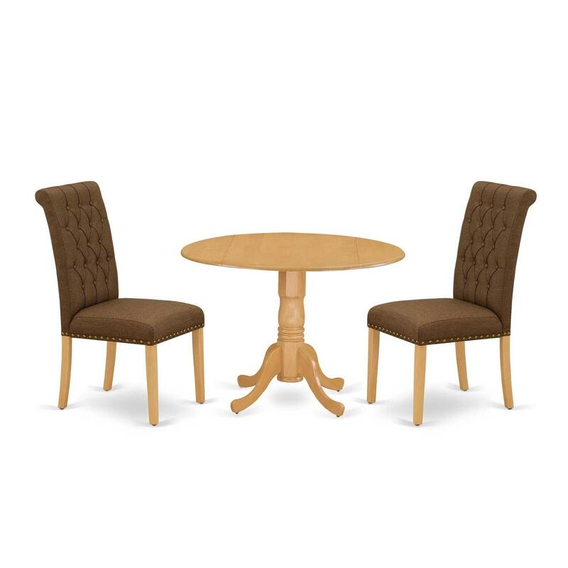 HomeStock 3-Piece Round Natural Oak Finish Solid Wood Top Dining Table with 2-Parson Chairs with Drop Leaf