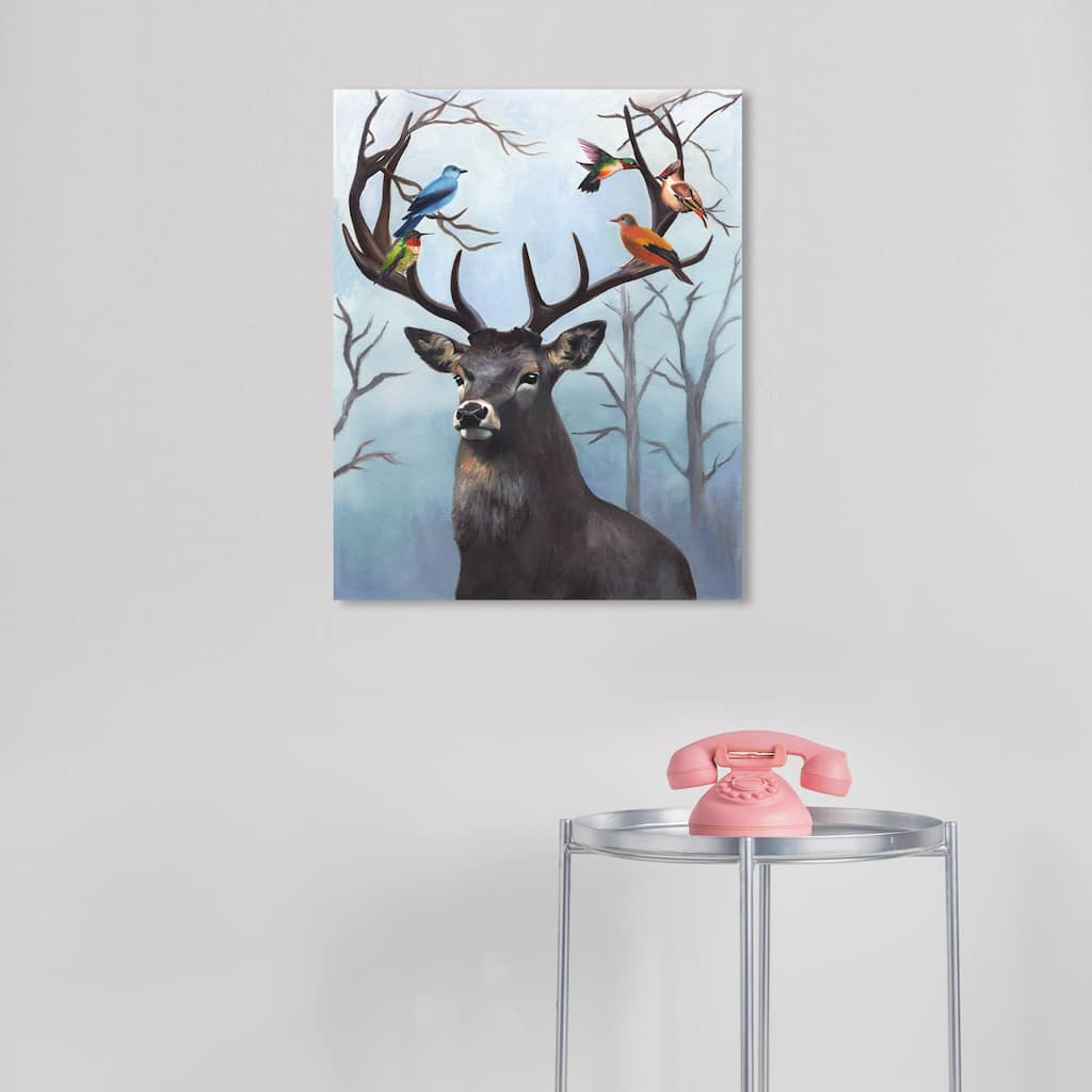 Wynwood Studio Canvas Animals Cute deer with birds II Blue and Rustic Wall Art Canvas Print - Blue, Gray