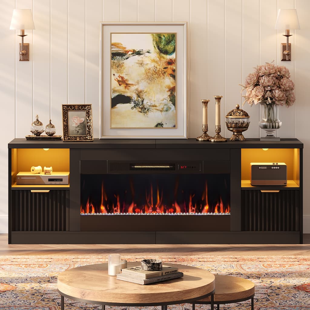 Bestier 71 in. Fluted Glossy White TV Stand with Electric Fireplace Fits TV Up to 75 in. Entertainment Center with Cabinet