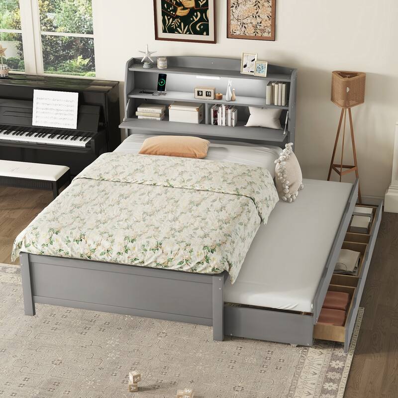 Roomfitters Wooden Platform Bed with Trundle, Headboard Storage and Accent Lighting