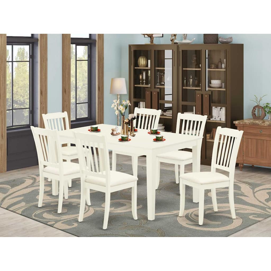 HomeStock 7-Piece Rectangle Linen White Finish Solid Wood Top Dining Table with 6-Chairs with Slat Back