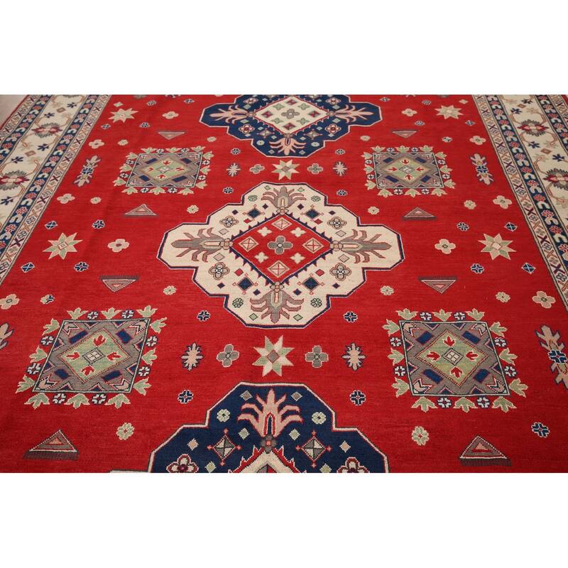 Red Kazak Area Rug Hand-Knotted Geometric Wool Carpet - 9'0" x 12'4"