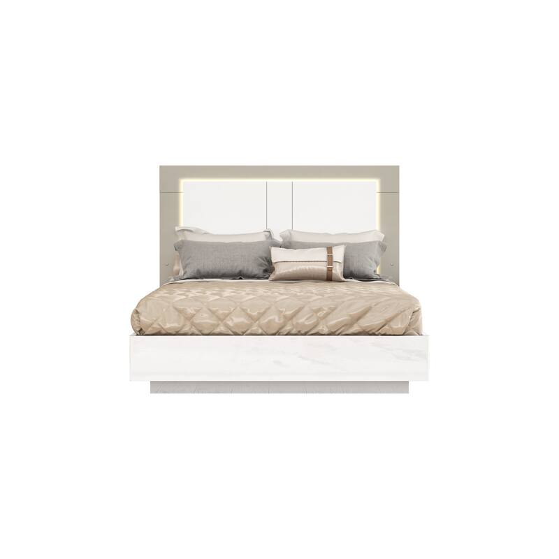 Queen Bed with High Gloss White Frame & Taupe Headboard - Modern Bedroom Furniture