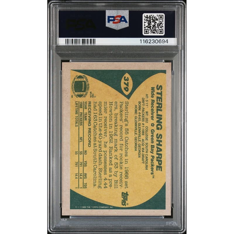 Sterling Sharpe 1989 Topps Signed Football Rookie Card #379 Auto Graded PSA 9 Cert # 116230694 - 8' x 11'