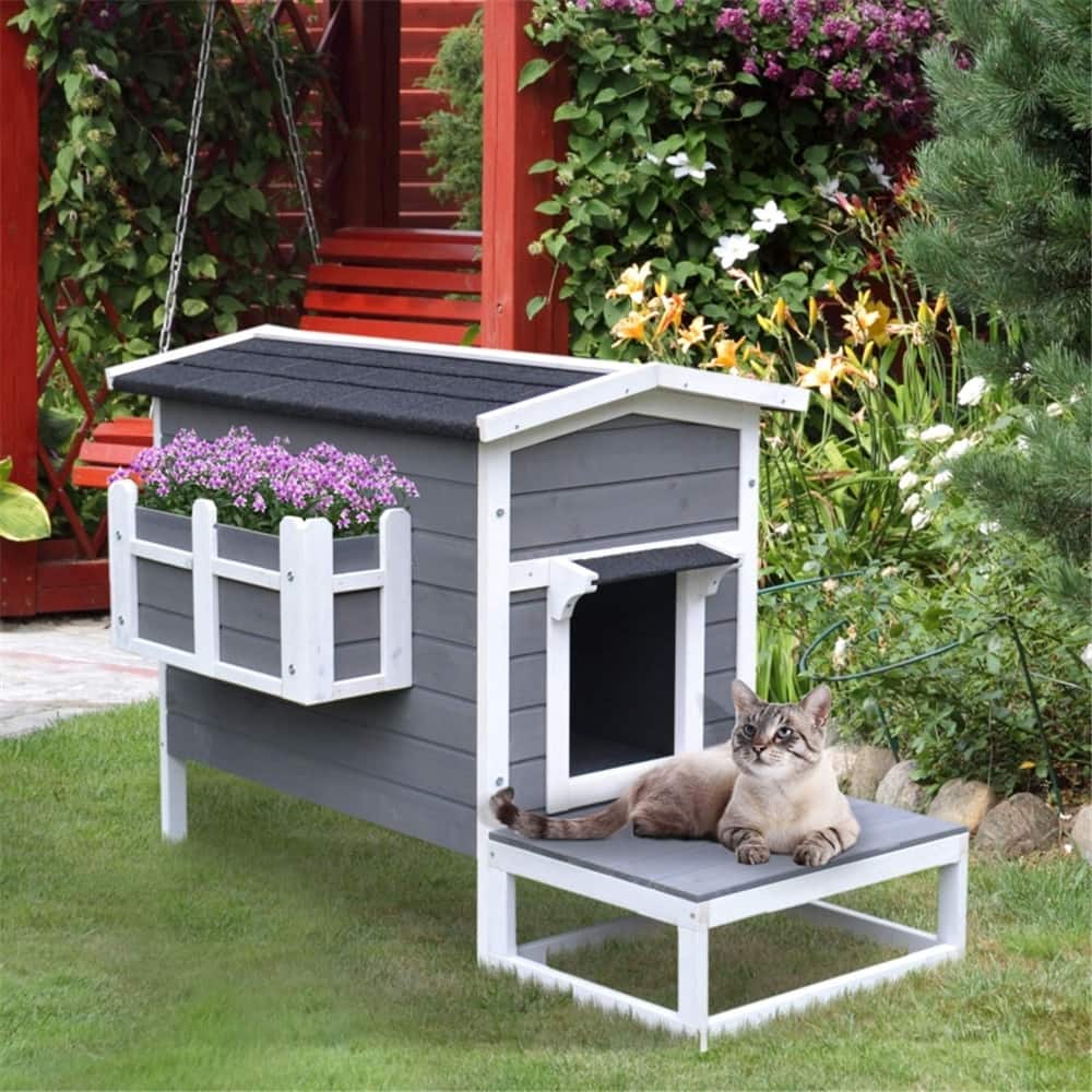Wooden Cat House- Chic Outdoor Retreat Deluxe Dark Gray and White - 45.25"L x 26.25"W x 29.5"H