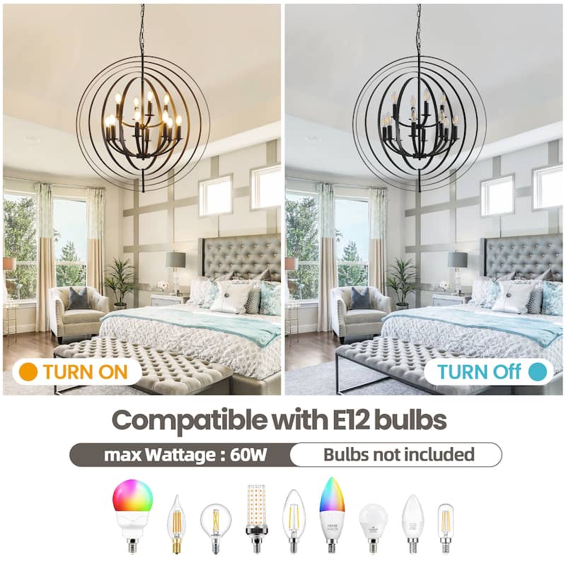 12-Light Globe Chandelier, Black Matte Pendant Lighting - 31" - N/A