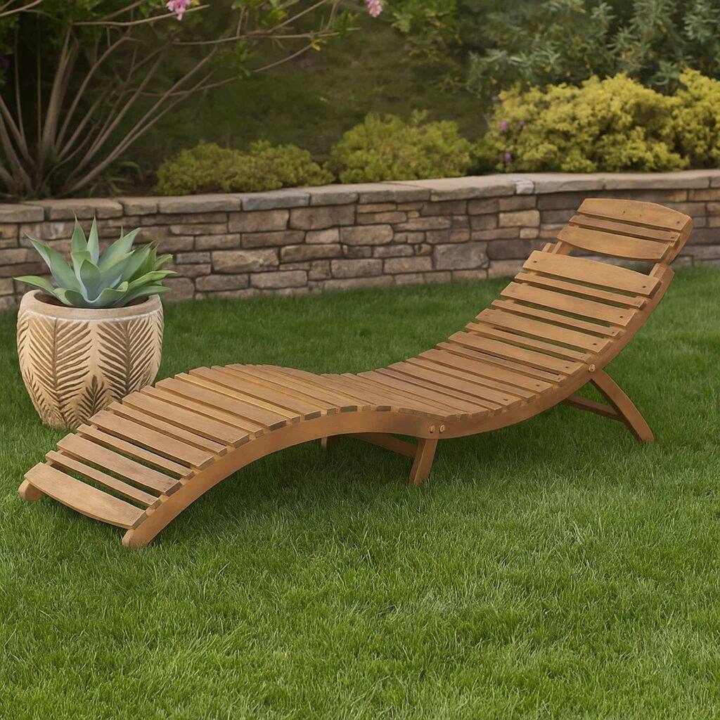 Hanie Foldable Chaise Lounger, Outdoor, Open Slatted in Brown Acacia Wood