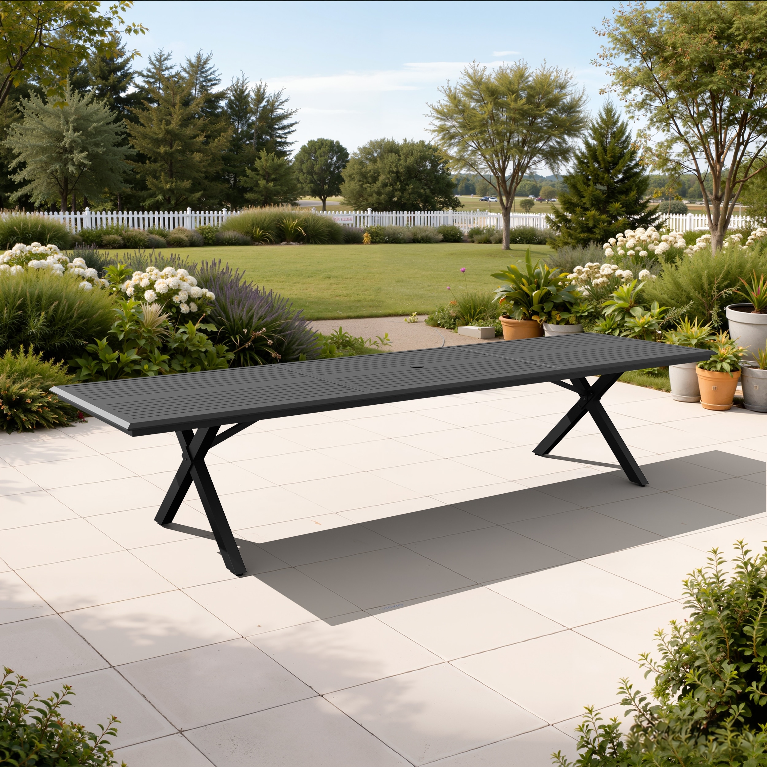 118in/137.8in Outdoor Patio All-Weather X-Shaped Aluminum Dining Table with Umbrella Hole for 10-14 Person