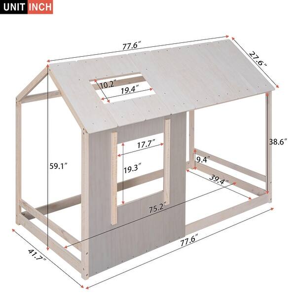 dimension image slide 0 of 2, Modern Twin Size House Platform Bed with Roof Skylight and Window, Solid Pine Wood Frame, Easy Assembly