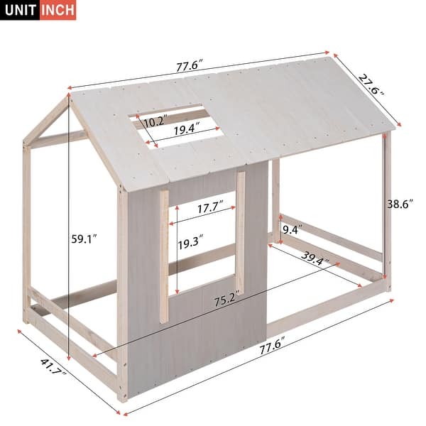 dimension image slide 0 of 2, Twin Size House Platform Bed Modern Wood Kids' Beds with Roof and Window