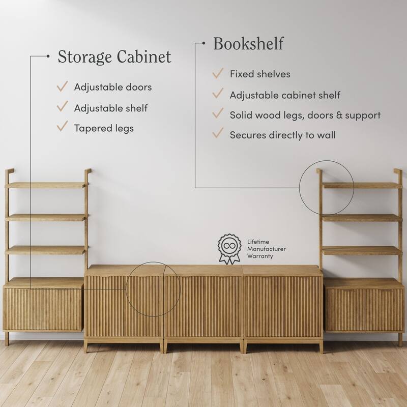 Jasper Mid Century Modern Solid Wood Entertainment Center or Wall Storage Unit with Fluted Doors