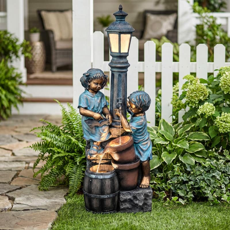 47.24" Polyresin Children Playing with Outdoor Water Faucet Fountain Weather Resistant with LED