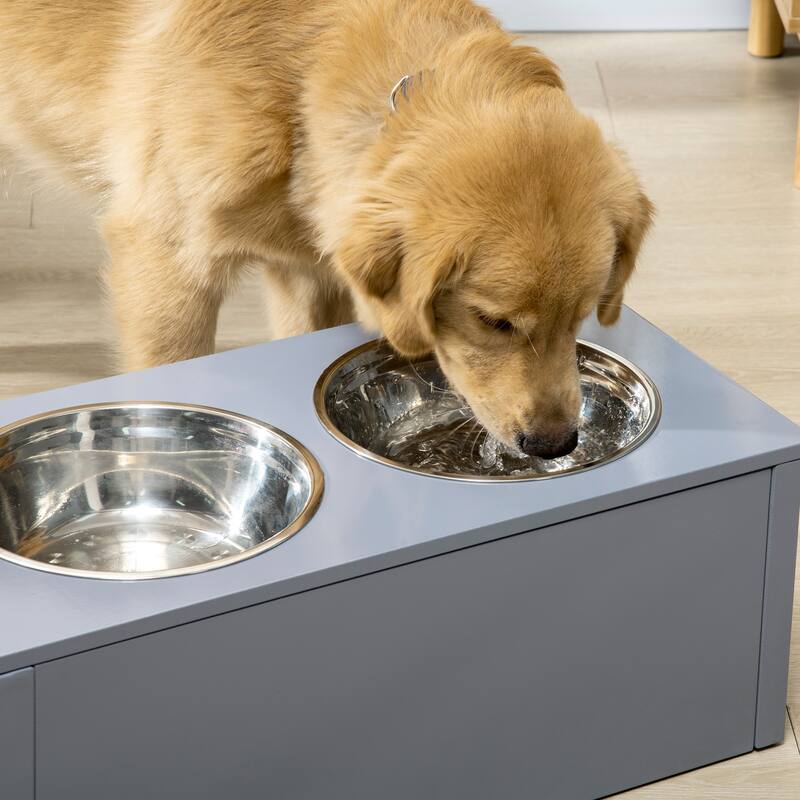 PawHut Elevated Dog Bowls, Raised Dog Bowl Stand with Storage, 2 Stainless Steel Bowls, Pet Feeding Station for Medium Dogs