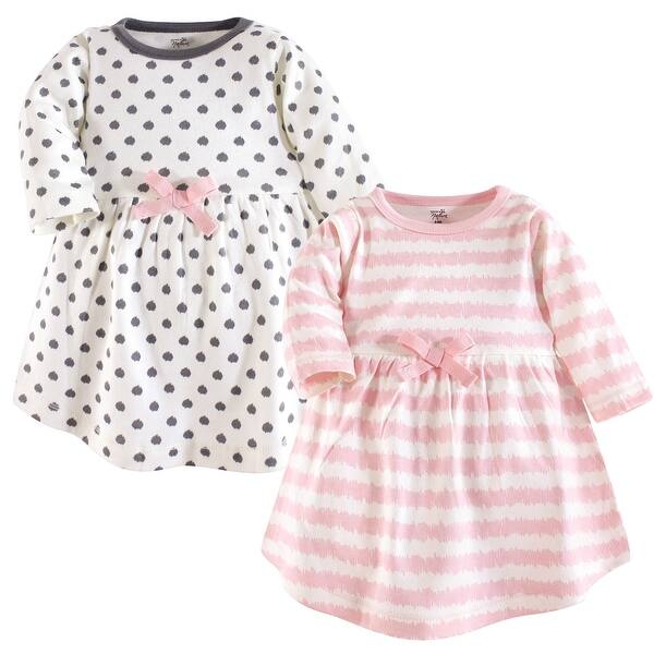 slide 1 of 1, Touched by Nature Baby and Baby Girl Organic Cotton Long-Sleeve Dresses 2pk, Pink Gray Scribble 12-18 Months - Baby Toddler Pink Gray Scribble Long Sleeve