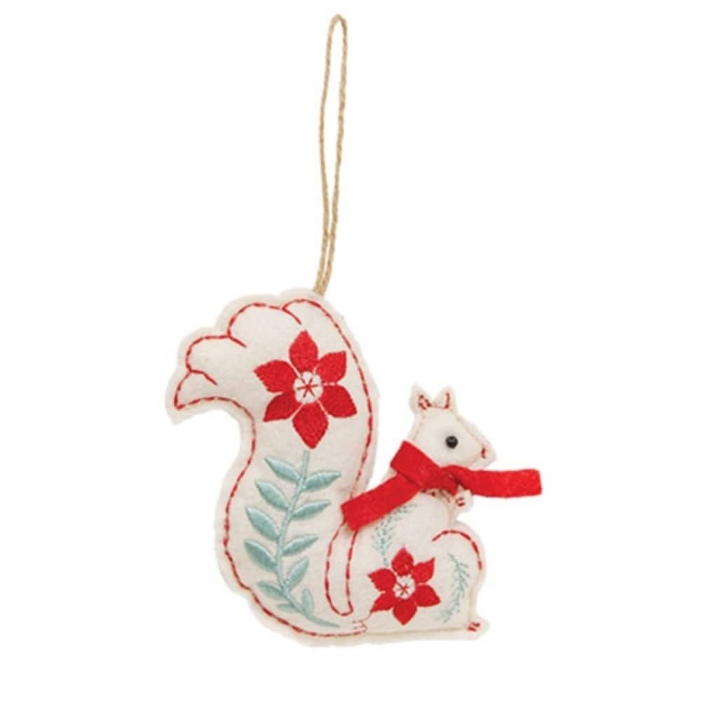 White-Red Felt Squirrel Ornament with Embroidery and Jute Hanger - 4.50 x 1 x 4.50 in.