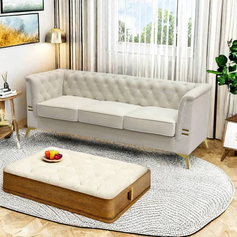 82'' Modern Velvet 3-Seater Couch with Tufted Design and Gold Metal Legs