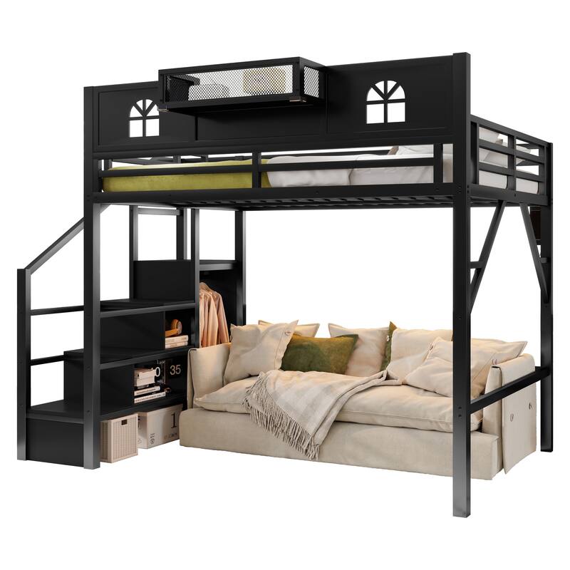 Roomfitters Full/Queen Metal Loft Platform Bed, Staircase Wardrobe and LED Charging Station with House Guardrails for Bedrooms