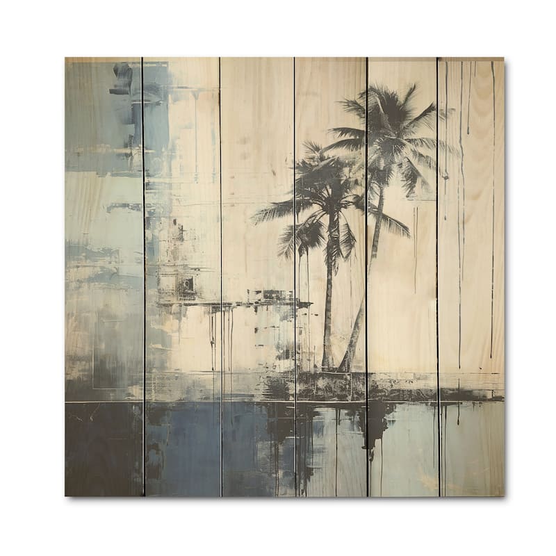 DESIGN ART "Tropical Blue And Grey Palmtree Collage" Coastal Wall Art Grey Wood Panel On Natural Pine Wood