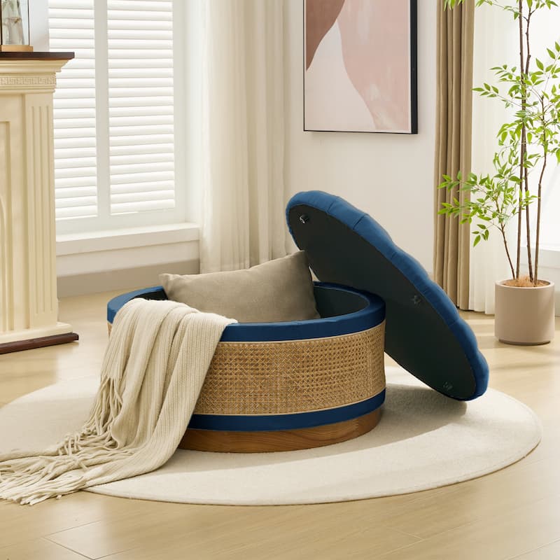 Linen & Rattan Round Storage Ottoman, Button-tufted Upholstery