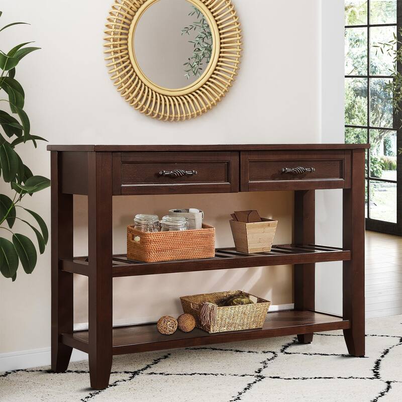 Vintage French Style Console Table with 2 Drawers and 2 Bottom Shelves - Espresso
