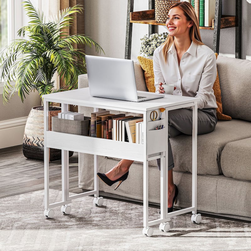 HOMCOM Small Folding Desk, Rolling Computer Desk Foldable with Storage Bag and Shelf, 31.5" Portable Writing Table on Wheels