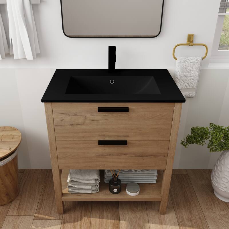 30" Bathroom Vanity with Ceramic Sink, Freestanding, Soft Closing Drawers, 4 Wood Feet, Durable and Water-Resistant
