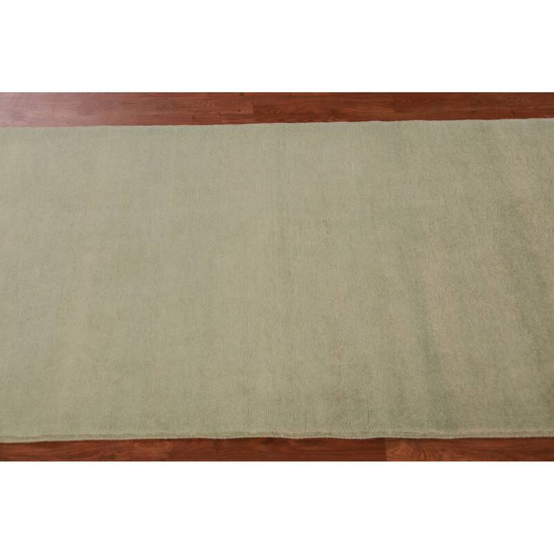Hand Knotted Oriental 100% Wool Carpet Modern Solid Green Gabbeh Runner Rug - 9' 10'' X 3' 2''